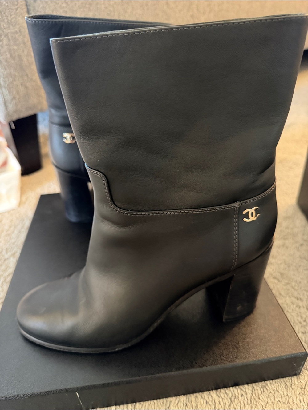 CHANEL Black Leather Mid-Calf Heeled Boots with Gold CC Logo